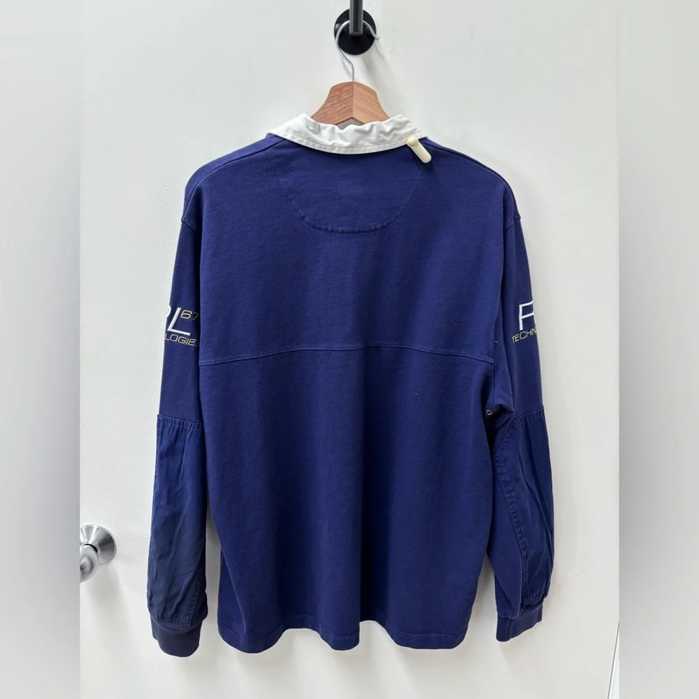 Vintage Polo by Ralph Lauren Men's Blue and White Team Shirt